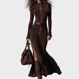 Clara - Vestido Elegante Cintado em Efeito Camurça