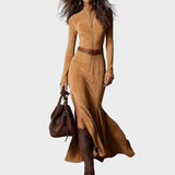 Clara - Vestido Elegante Cintado em Efeito Camurça