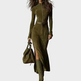 Clara - Vestido Elegante Cintado em Efeito Camurça